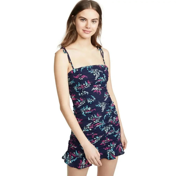 NWT‎ Likely Rowley Mini Navy Floral Ruched Ruffle Square Neck Dress Women's 2 - Picture 1 of 6